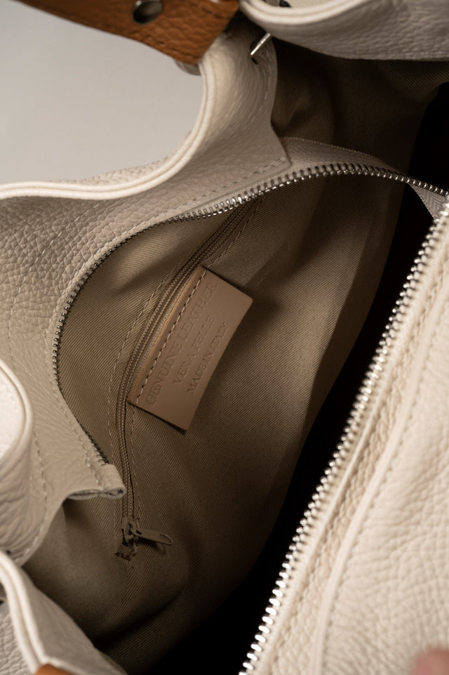 Azalea Beige + Cuoio Leather Bag by Prim & Proper - - Prim & Proper - BEIGE + CUOIO L 33 cm x W 16 cm x H 28 cm
