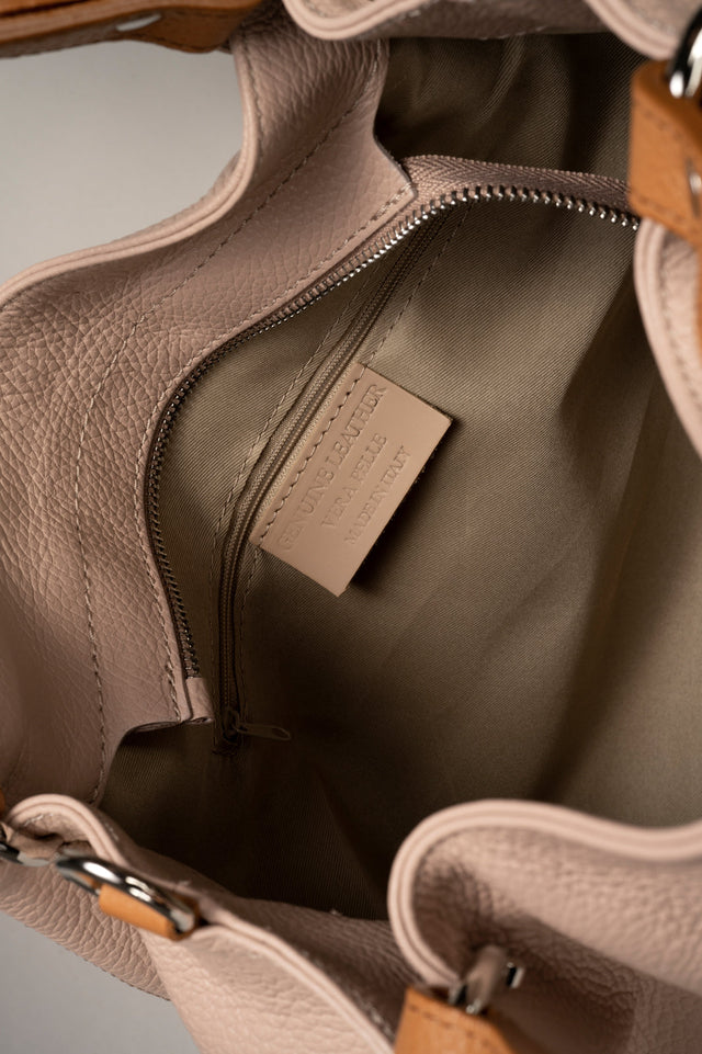 Azalea Beige + Cuoio Leather Bag by Prim & Proper - - Prim & Proper - BEIGE + CUOIO L 33 cm x W 16 cm x H 28 cm
